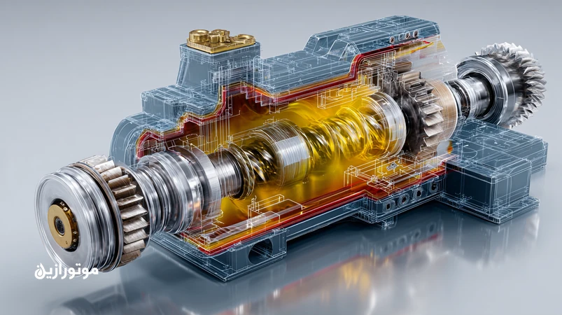 نمای برشی گیربکس کاهنده کلندر با دنده‌های هیلیکال و اسپایرال-بیول و بوش برنزی، نمایش فیلم روغن و نمودار دما–ویسکوزیته برای انتخاب GL و ویسکوزیته مناسب