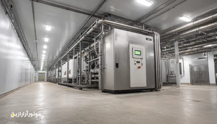کمپرسور سردخانه آبزیان گناوه با نمایش دمای پایین و لوله‌کشی استیل. روغن صنعتی گناوه
