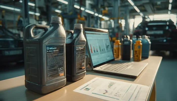 گالنهای روغن موتور صنعتی کنار لپتاپ باز با نمودارهای تحلیلی و دادههای فنی در تعمیرگاه خودرو