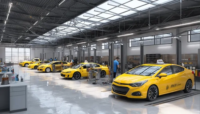 تعمیرگاه بزرگ تاکسیهای زرد با چند خودروی در حال سرویس و تکنسینهای مشغول به کار در فضای روشن و مدرن