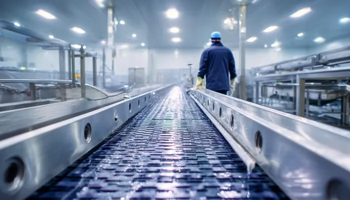 نمای نزدیک از نوار نقاله استیل در کارخانه مواد غذایی با کارگر پوشیده در لباس ایمنی در پس‌زمینه