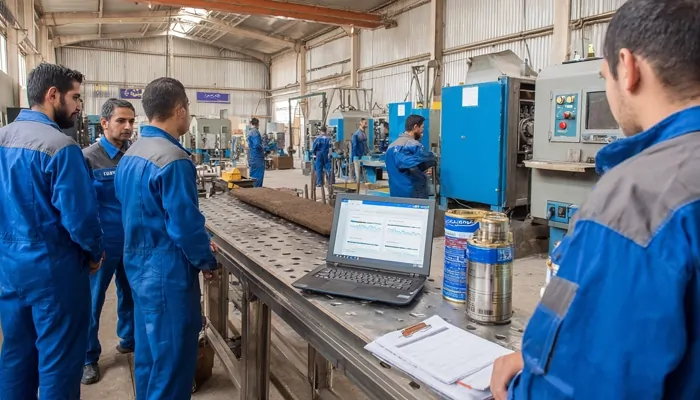 گروهی از تکنسین‌ها با لباس آبی در کارگاه صنعتی در حال بررسی داده‌های فنی روی لپ‌تاپ و دستگاه‌های آزمایش