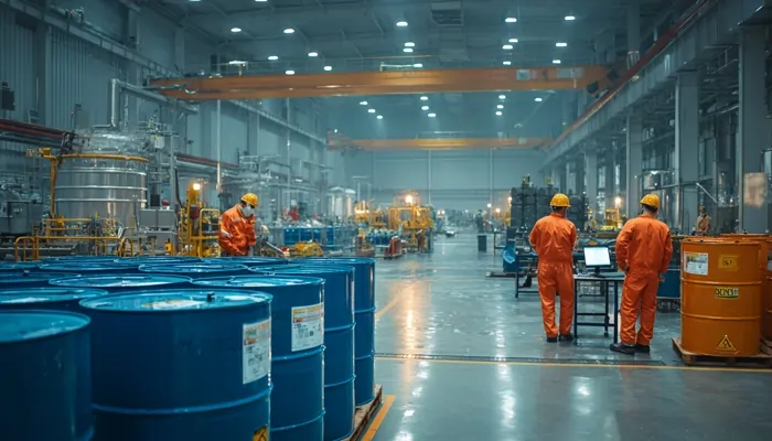 کارگران با لباس نارنجی در کارخانه تولید روغن صنعتی در حال بررسی بشکه‌های آبی و تجهیزات تولیدی بزرگ