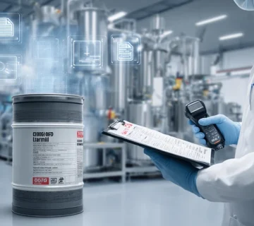 ممیزی روانکار در GMP دارویی با بررسی COA، MSDS، شماره بچ و تاریخ انقضا روی بشکه در اتاق تمیز؛ ردیابی و شفافیت در محیط استریل.