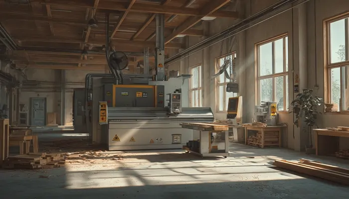 کارگاه نجاری مجهز با دستگاه‌های برش چوب صنعتی و نور طبیعی صبحگاهی از پنجره‌ها