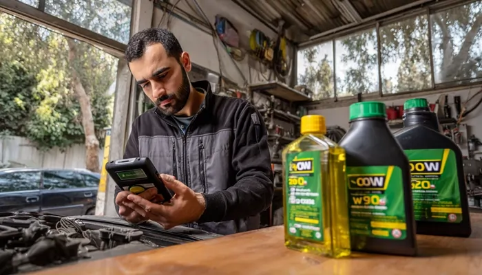 مکانیک در تعمیرگاه خودرو در حال بررسی اطلاعات دستگاه دیاگ در کنار بطری‌های روغن موتور سبزرنگ روی میز کار