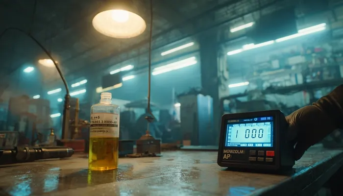 بطری نمونه روغن صنعتی زرد رنگ روی میز کارگاهی در کنار دستگاه اندازه‌گیری دیجیتال در محیط کارخانه با نور آبی