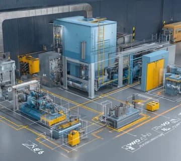 تصویر فنی از سیستم هیدرولیک پرس بدنه با نمایش پمپ، مخزن، فیلتر و مبدل حرارتی و مقایسه روغن‌های AW، R&O و HVLP با گریدهای ISO VG 32/46/68 برای انتخاب روغن مناسب