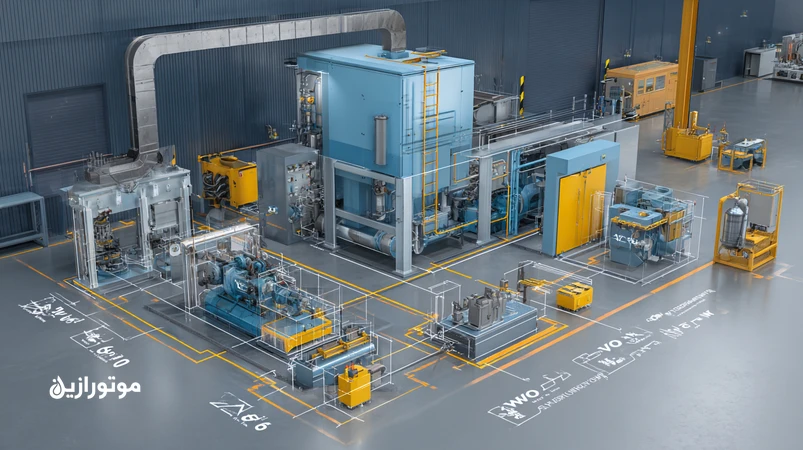 تصویر فنی از سیستم هیدرولیک پرس بدنه با نمایش پمپ، مخزن، فیلتر و مبدل حرارتی و مقایسه روغن‌های AW، R&O و HVLP با گریدهای ISO VG 32/46/68 برای انتخاب روغن مناسب