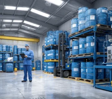 تصویر چک‌لیست انبار روغن صنعتی با بشکه‌های تمیز، COA، فیلتر این‌لاین و نازل‌های رنگ‌بندی‌شده برای تحویل‌گیری، انبارداری و صدور بدون آلودگی.انبارداری روغن صنعتی
