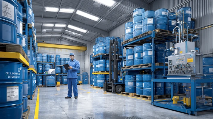 تصویر چک‌لیست انبار روغن صنعتی با بشکه‌های تمیز، COA، فیلتر این‌لاین و نازل‌های رنگ‌بندی‌شده برای تحویل‌گیری، انبارداری و صدور بدون آلودگی.انبارداری روغن صنعتی