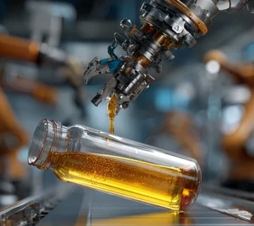 نمای نزدیک از پایش تمیزی روغن هیدرولیک با شمارش ذرات ISO 4406 در خط مونتاژ خودرو؛ رباتهای صنعتی، شلنگ شفاف و دستگاه پارتیکل کانتر