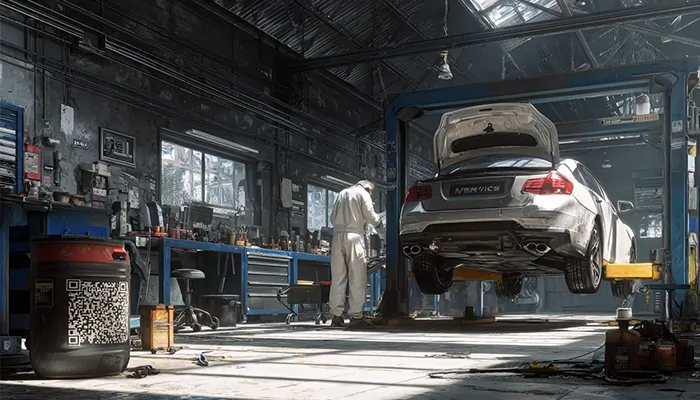 تعمیرکار خودرو در حال سرویس یک خودروی سفید روی جک بالابر در تعمیرگاه مجهز با نور طبیعی و ابزارهای تخصصی