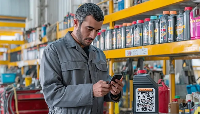 مکانیک در حال بررسی اطلاعات روغن موتور روی تلفن همراه در انبار محصولات روانکار با قفسه‌های زرد و بطری‌های متعدد روغن