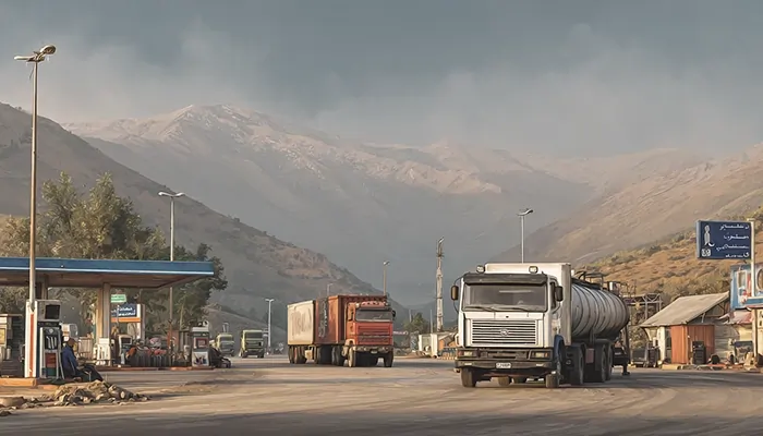 کامیون‌های سنگین در جاده کوهستانی کنار پمپ بنزین محلی، با پس‌زمینه‌ای از کوه‌های مرتفع و آسمان غبارآلود