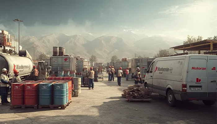 کارکنان و مهندسان در محوطه توزیع بشکه‌های روغن موتور با خودروهای حمل‌ونقل و لوگوی موتورازین در پس‌زمینه کوهستانی
