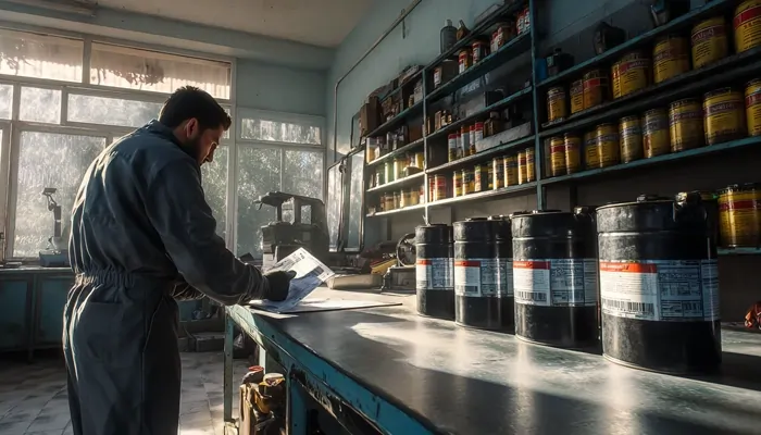 کارشناس در کارگاه روغن موتور در حال بررسی برگه مشخصات فنی و کنترل کیفیت قوطیهای روغن موتور روی میز کار