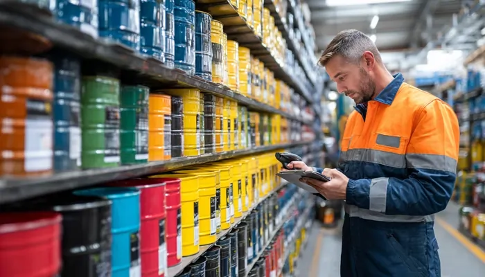 انباردار در حال بررسی موجودی قوطیهای رنگارنگ روغن موتور در انبار صنعتی با دستگاه بارکدخوان