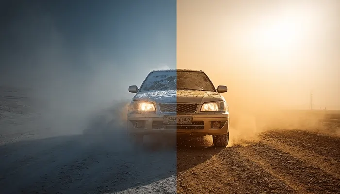 نمای مقایسهای عملکرد خودرو با روغن موتور مناسب در شرایط سرمای شدید و گرمای کویر در یک تصویر ترکیبی