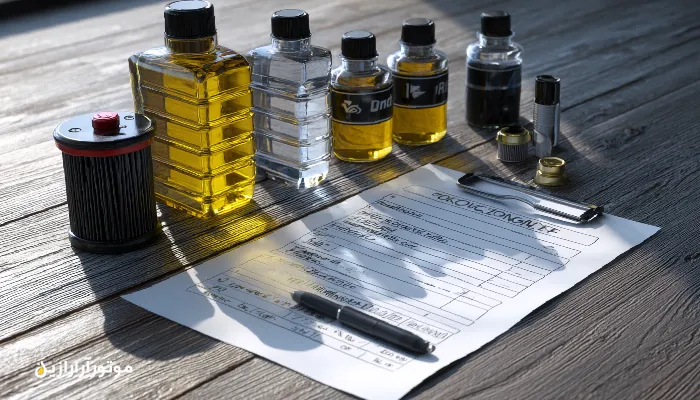 چکلیست سرویس دورهای خودرو روی میز تعمیرگاه.