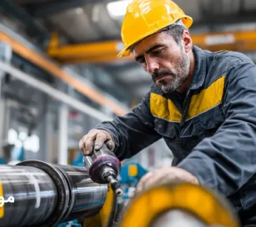 مهندس نگهداری ایرانی در حال ثبت داده تزریق گریس در تبلت CMMS با گریس‌گان‌های رنگی و بشکه‌های موتورازین در پس‌زمینه