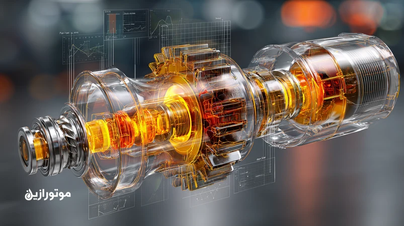 نمای برشی گیربکس مترو با چرخ‌دنده‌های هلیکال، جریان روغن دنده سنتتیک و نمایش داده‌های آنالیز روغن (PQ، ICP، FTIR) برای انتخاب گرید و فواصل سرویس