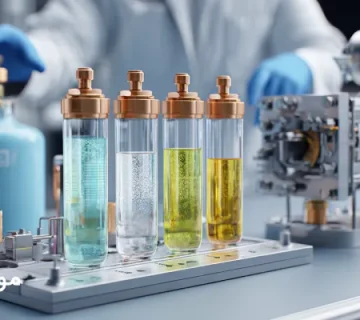 نمای مقایسه‌ای از روغن‌های برودتی معدنی، PAO، POE و PAG روی میز کار آزمایشگاهی با تجهیزات تبرید و سیلندرهای مبرد R717 و HFC در پس‌زمینه