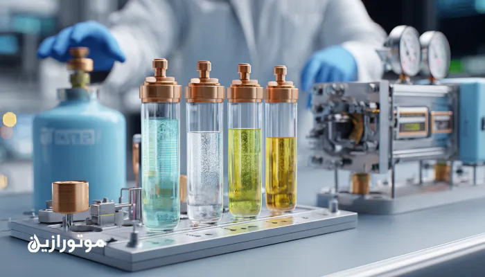 نمای مقایسه‌ای از روغن‌های برودتی معدنی، PAO، POE و PAG روی میز کار آزمایشگاهی با تجهیزات تبرید و سیلندرهای مبرد R717 و HFC در پس‌زمینه