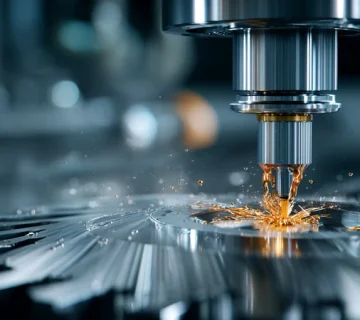 نمای نزدیک از فرز CNC قطعهٔ گیربکس خودرو با نازل MQL و مه روغن ریز برای کاهش دما و براده چسبیده؛ تمرکز بر سیال برش و کیفیت سطح