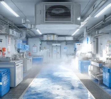 تصویر سردخانه صنعتی با برچسب‌گذاری نقاط تماس و ظروف کدگذاری‌شده NSF H1، نشان‌دهنده اجرای استانداردهای ایمنی غذایی و ISO 21469 در خطوط سرد