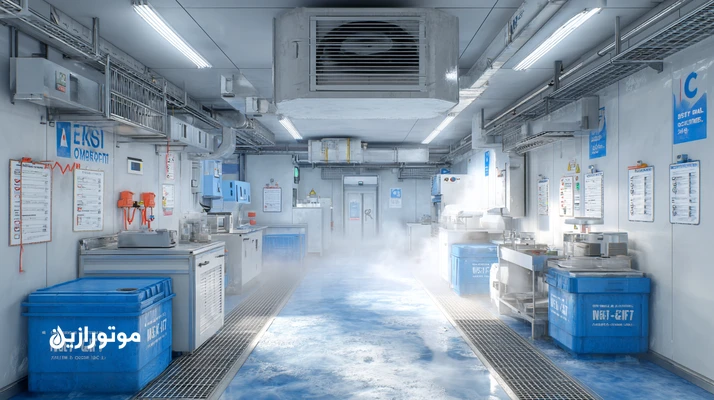 تصویر سردخانه صنعتی با برچسب‌گذاری نقاط تماس و ظروف کدگذاری‌شده NSF H1، نشان‌دهنده اجرای استانداردهای ایمنی غذایی و ISO 21469 در خطوط سرد