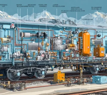 تصویر شماتیک سیستم ترمز هوای واگن با کمپرسور، افترکولر، خشک‌کن دسیکانت و مخازن، همراه با تست نشتی اولتراسونیک در برنامه PM