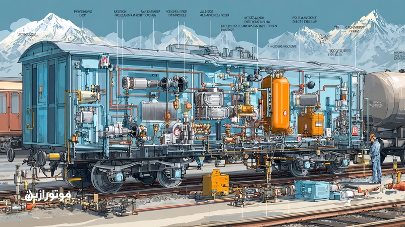 تصویر شماتیک سیستم ترمز هوای واگن با کمپرسور، افترکولر، خشک‌کن دسیکانت و مخازن، همراه با تست نشتی اولتراسونیک در برنامه PM