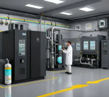 کمپرسور اسکرو چاپخانه با درایر و فیلترسپراتور و قوطی روغن ISO VG 46؛ نمایش دمای دیسشارژ، جدایش آب و پایداری اکسیداسیون برای تعیین فواصل سرویس.