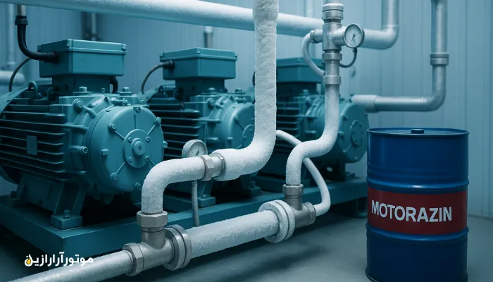 نمای نزدیک کمپرسورهای تبرید و لوله‌های استیل در سردخانه زرشک و زعفران مرزی ماهیرود با نور آبی سرد و کانتینر روغن موتورازین.. روغن صنعتی سربیشه