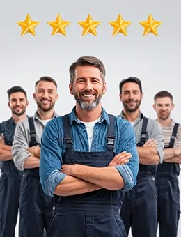 تیم تعمیرکاران حرفهای با لباس کار و لبخند رضایت مشتری زیر پنج ستاره طلایی