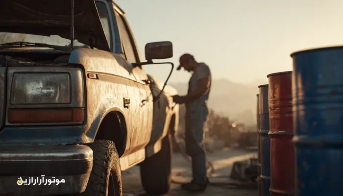 نمای واقعی از کارگاه مکانیکی در سرایان که مکانیک در حال بررسی سطح روغن موتور وانت است، با بشکه‌های آبی موتورازین در پس‌زمینه.. روغن موتور سرایان
