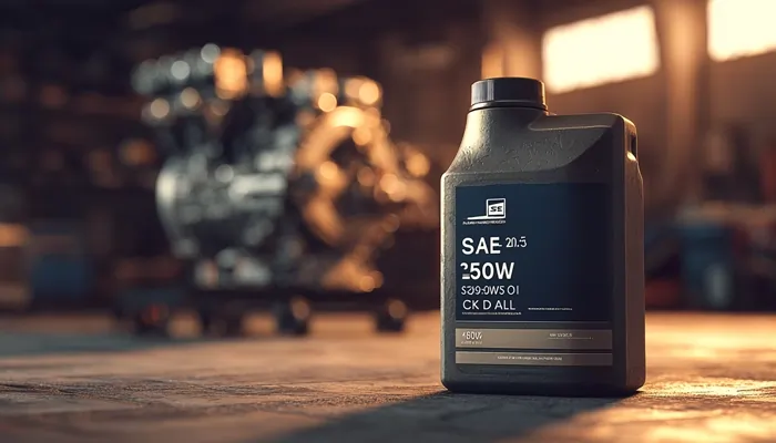 بطری مشکی روغن موتور با برچسب مشخصات فنی SAE در نور گرم کارگاه و نمای محو از موتور خودرو در پس‌زمینه