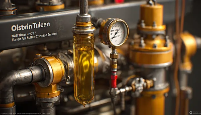 نمای نزدیک از لوله‌ها و فشارسنج صنعتی با مخزن شیشه‌ای حاوی روغن زرد در محیط کارخانه