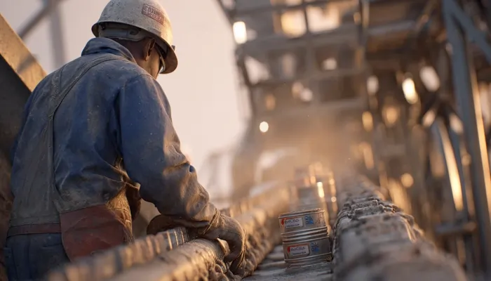 کارگر صنعتی با لباس کار و کلاه ایمنی در حال بررسی خط تولید گریس در کارخانه در نور غروب