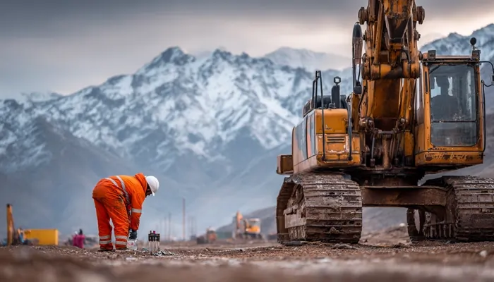 کارشناس راهسازی در حال کار کنار بیل مکانیکی در منطقه کوهستانی برفی با استفاده از روغن صنعتی مقاوم در سرما