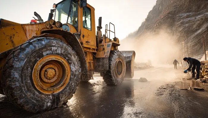 لودر بزرگ در جاده کوهستانی یخزده در حال عملیات عمرانی با روانکار و روغن صنعتی مخصوص دمای پایین