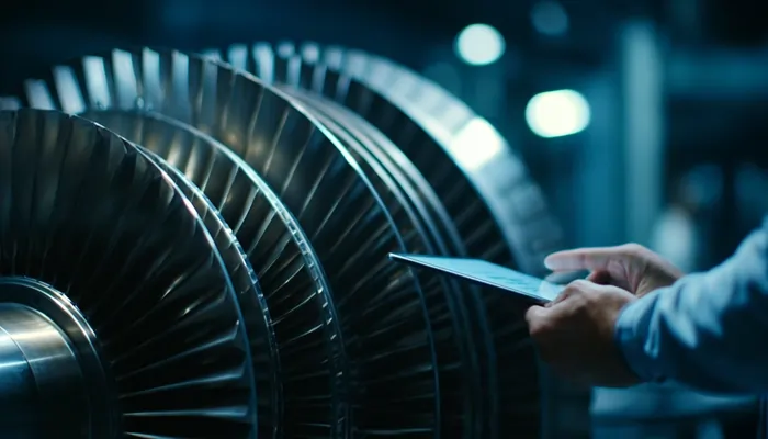 بازرسی توربین صنعتی بزرگ با تبلت برای کنترل عملکرد و کیفیت روغن صنعتی در واحد تولید انرژی