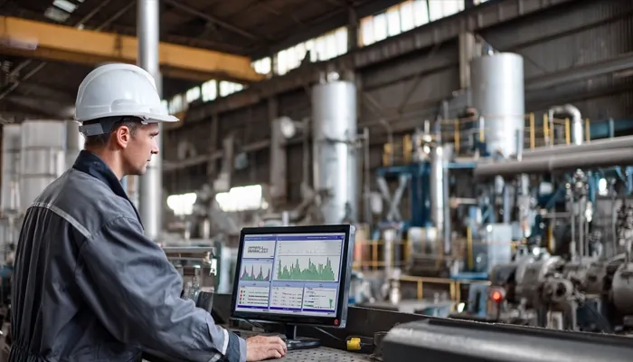 مهندس در کارخانه پتروشیمی در حال پایش دادههای عملکرد تجهیزات و مصرف روغن صنعتی در خط تولید