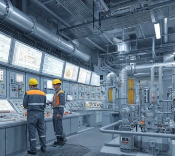 SLA نگهداری صنعتی در سال ۱۴۰۴ با نمایش KPIها مانند MTTR، MTBF و سطح تمیزی روغن ISO 4406 در داشبورد CMMS و تکنسین در حال نمونه‌گیری روغن