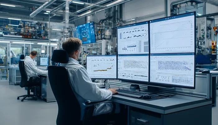 مهندسان در مرکز پایش هوشمند عملکرد روغن صنعتی با سیستم‌های مانیتورینگ و تحلیل داده پیشرفته