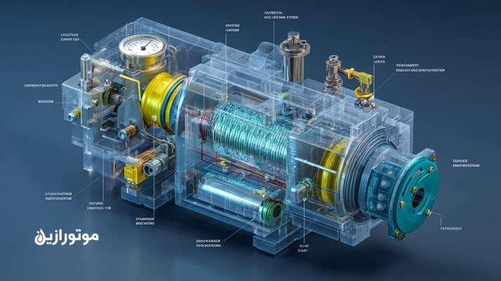 شماتیک فنی کمپرسور تبرید با نمایش کف‌کردن روغن، جداساز روغن کوالسینگ، درایر رطوبت و مسیرهای مکش و تخلیه؛ راهنمای عیب‌یابی کف‌زدن روغن در سیستم‌های تبرید.