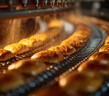 تصویر زنجیر فر تونلی در نانوایی صنعتی هنگام اسپری روغن زنجیر بیبو و کمتبخیر با تحمل دمای بالا، بدون دود و چکه، مناسب صنایع غذایی