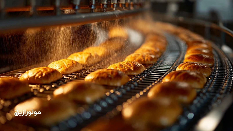 تصویر زنجیر فر تونلی در نانوایی صنعتی هنگام اسپری روغن زنجیر بی‌بو و کم‌تبخیر با تحمل دمای بالا، بدون دود و چکه، مناسب صنایع غذایی