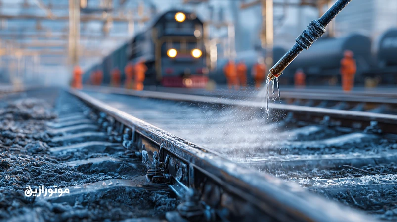 صحنه زمستانی ناوگان ریلی ایران با یخ‌زدگی ریل و تیم نگهداری در حال گریس‌کاری؛ راهنمای گریس و روغن برای عملکرد مطمئن در سرما.